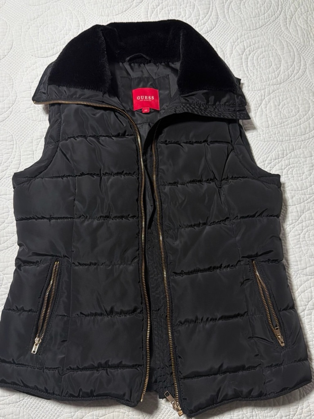 Guess Black Puffer Vest with Faux Fur Collar and Gold Zippers